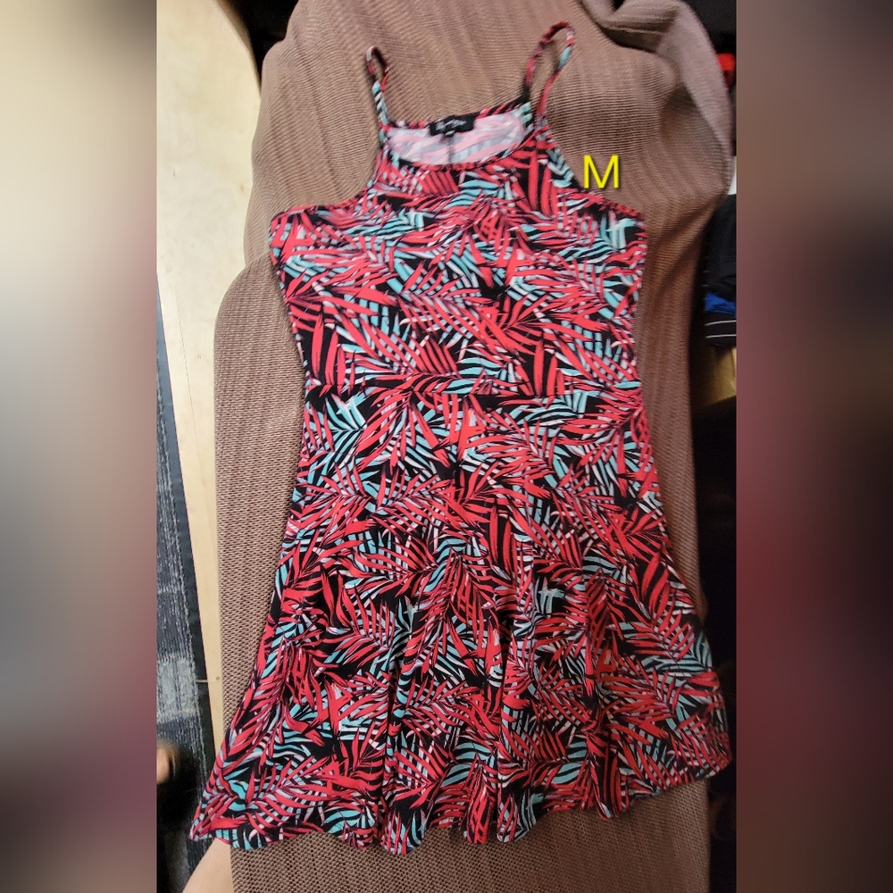Vibrant Red and Black Leaf Print Sleeveless  A Line Dress.